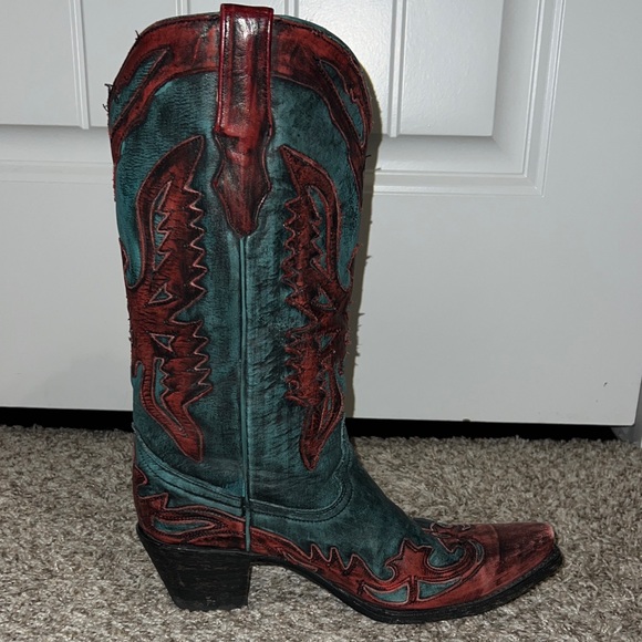 Corral Distressed Turquoise and Red Eagle Boots - Picture 7 of 12